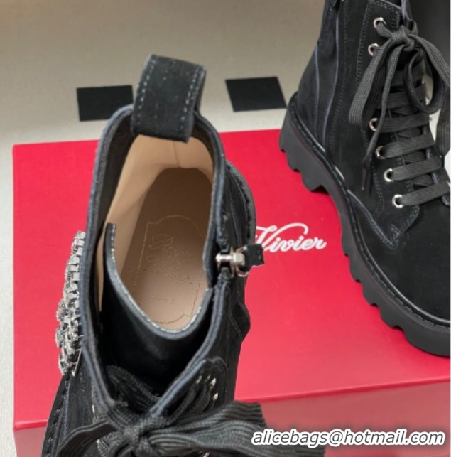 Perfect Roger Vivier Viv' Rangers Truck Ankle Boots 5cm in Suede with Strass Buckle Black 1030067