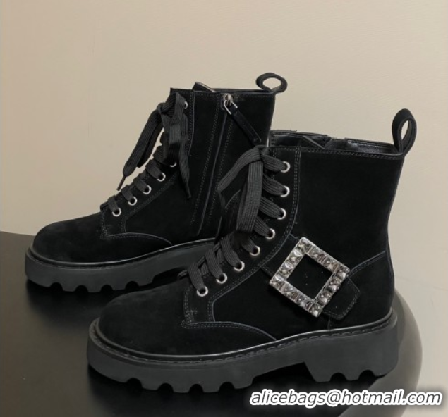 Perfect Roger Vivier Viv' Rangers Truck Ankle Boots 5cm in Suede with Strass Buckle Black 1030067