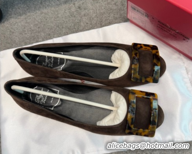 Luxury Roger Vivier Trompette Ballerinas in Suede with Buckle Dark Brown 1030068