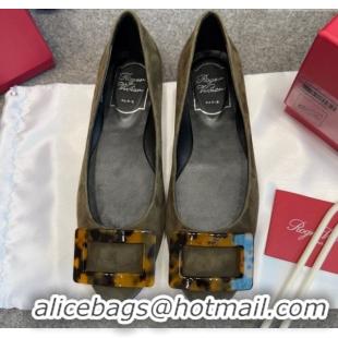 Good Quality Roger Vivier Trompette Ballerinas in Suede with Buckle Green 1030070
