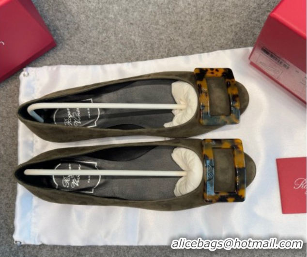 Good Quality Roger Vivier Trompette Ballerinas in Suede with Buckle Green 1030070