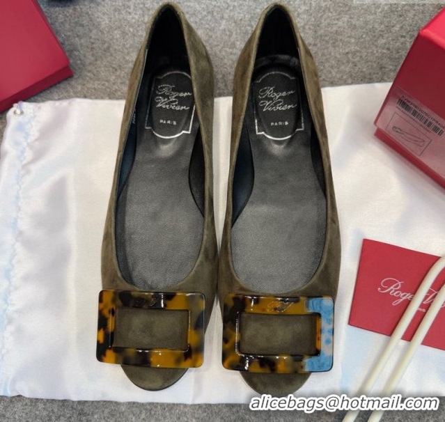 Good Quality Roger Vivier Trompette Ballerinas in Suede with Buckle Green 1030070