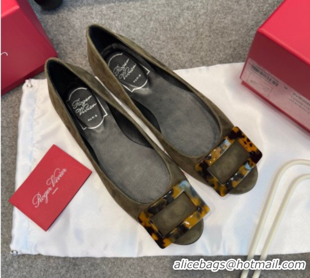 Good Quality Roger Vivier Trompette Ballerinas in Suede with Buckle Green 1030070