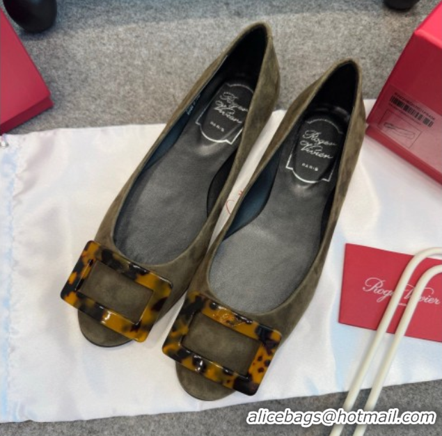 Good Quality Roger Vivier Trompette Ballerinas in Suede with Buckle Green 1030070