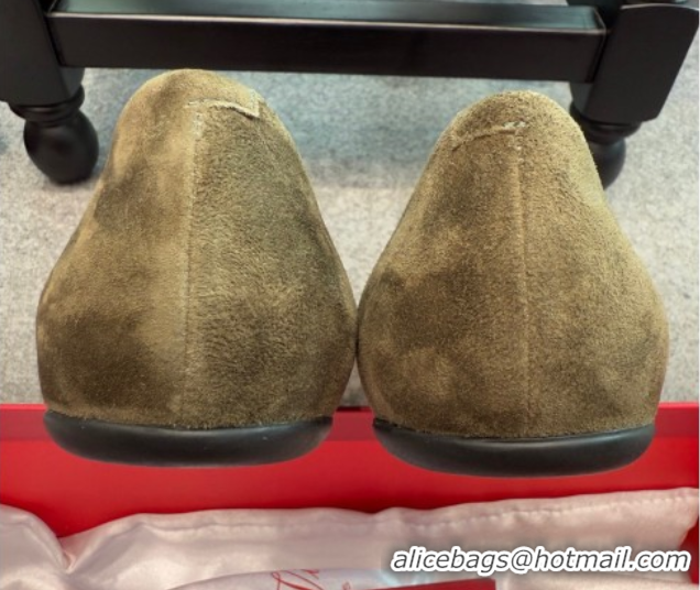 Good Quality Roger Vivier Trompette Ballerinas in Suede with Buckle Green 1030070