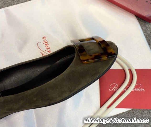 Good Quality Roger Vivier Trompette Ballerinas in Suede with Buckle Green 1030070