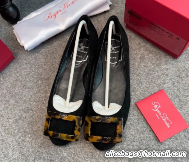 Top Grade Roger Vivier Trompette Ballerinas in Suede with Buckle Black 1030072