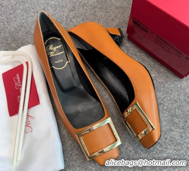Popular Style Roger Vivier Trompette Pumps 4.5cm in Calf Leather with Buckle Brown 1030075