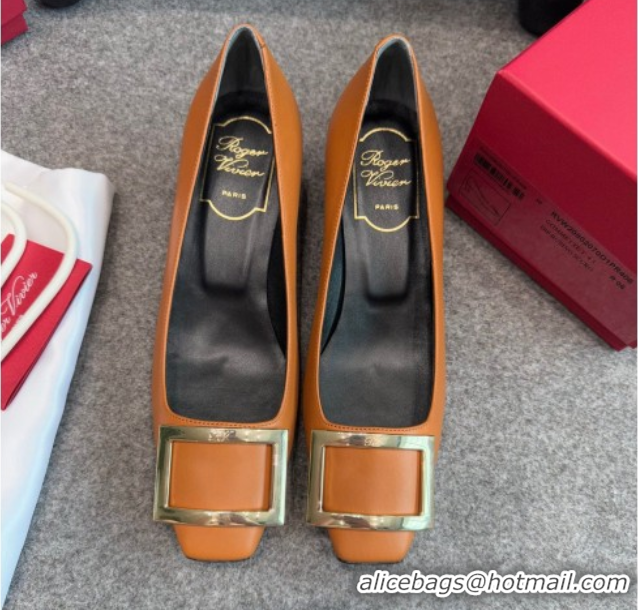 Popular Style Roger Vivier Trompette Pumps 4.5cm in Calf Leather with Buckle Brown 1030075