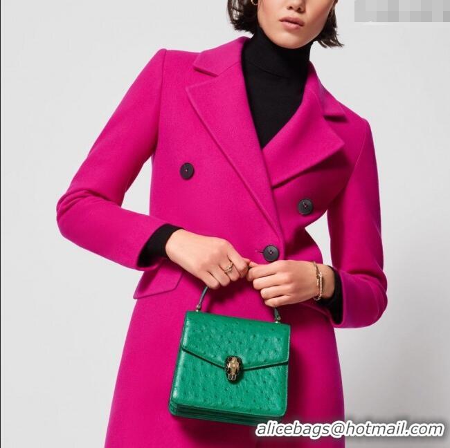 Best Design Bvlgari Serpenti Forever Small Top Handle Bag in Ostrich Pattern Calf Leather 30021 Green 2024