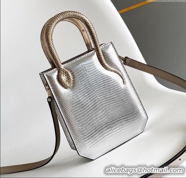Top Grade Bvlgari Serpentine Mini Tote bag in Lizard Pattern Leather 30026 Silver 2024