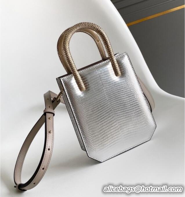 Top Grade Bvlgari Serpentine Mini Tote bag in Lizard Pattern Leather 30026 Silver 2024