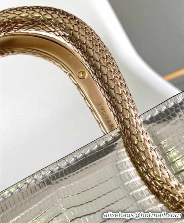 Top Grade Bvlgari Serpentine Mini Tote bag in Lizard Pattern Leather 30026 Silver 2024
