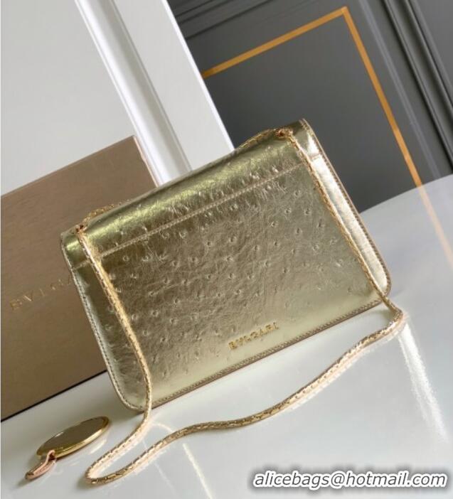 Top Grade Bvlgari Serpenti Forever Medium Shoulder Bag in Ostrich Pattern Calf Leather 30032 Gold 2024