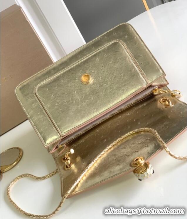 Top Grade Bvlgari Serpenti Forever Medium Shoulder Bag in Ostrich Pattern Calf Leather 30032 Gold 2024