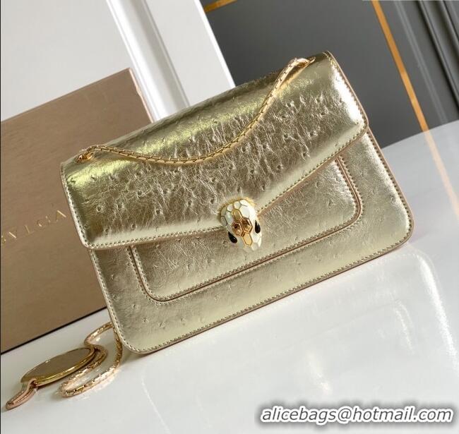Top Grade Bvlgari Serpenti Forever Medium Shoulder Bag in Ostrich Pattern Calf Leather 30032 Gold 2024