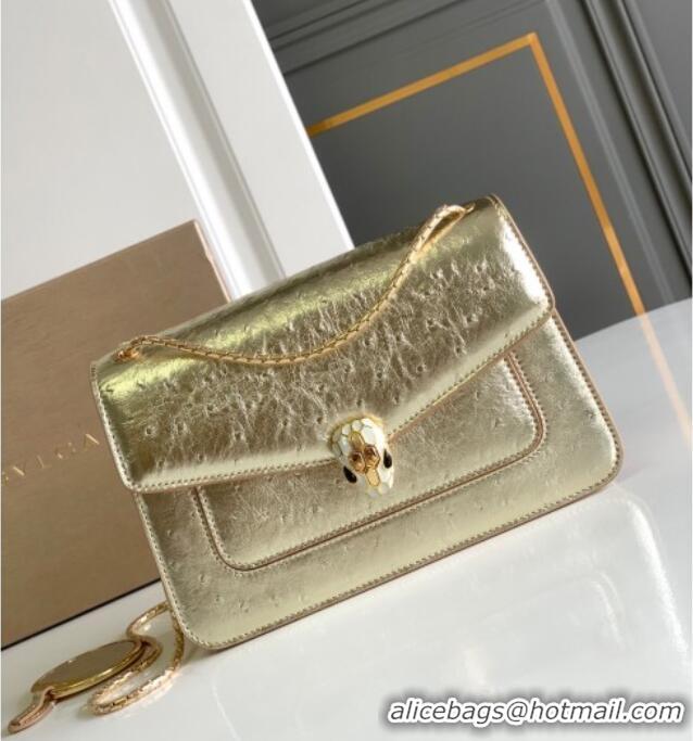 Top Grade Bvlgari Serpenti Forever Medium Shoulder Bag in Ostrich Pattern Calf Leather 30032 Gold 2024