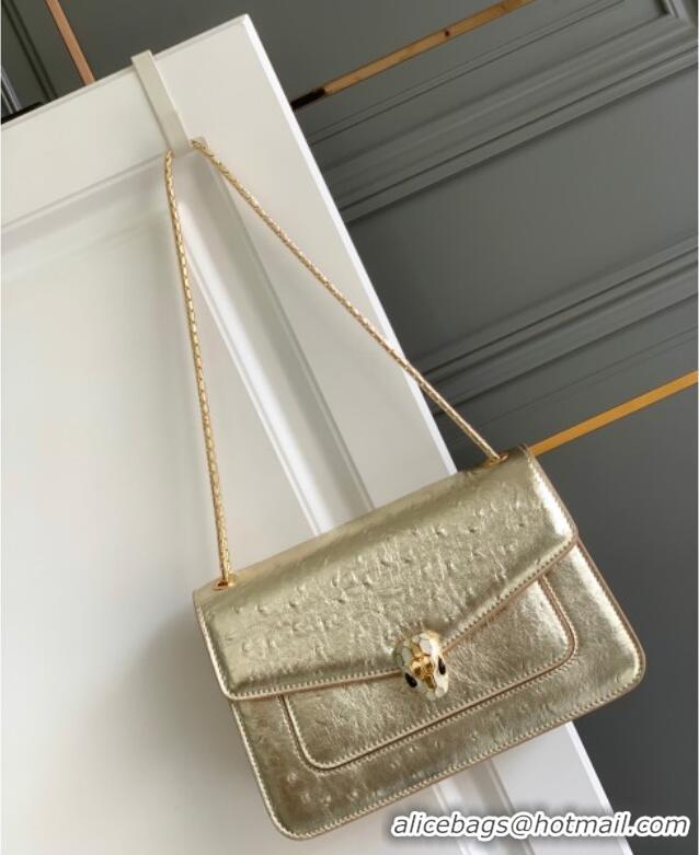 Top Grade Bvlgari Serpenti Forever Medium Shoulder Bag in Ostrich Pattern Calf Leather 30032 Gold 2024