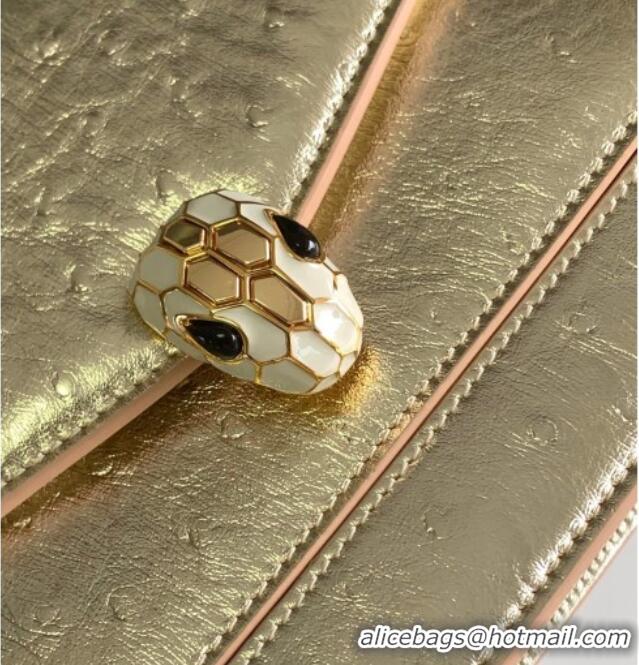 Top Grade Bvlgari Serpenti Forever Medium Shoulder Bag in Ostrich Pattern Calf Leather 30032 Gold 2024