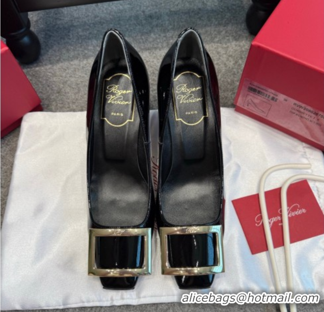 Top Grade Roger Vivier Trompette Pumps 7cm in Patent Leather with Buckle Black/Gold 1030087