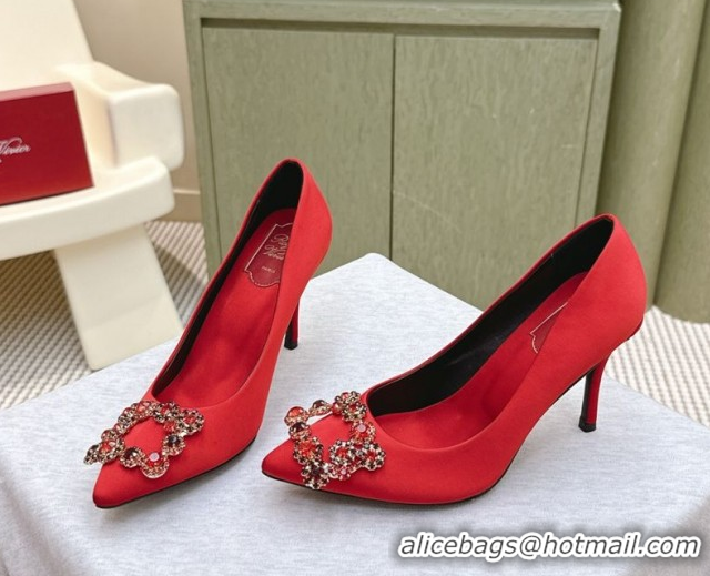 Good Quality Roger Vivier Efflorescence Jewel Pumps 8.5cm in Satin Red 1030097