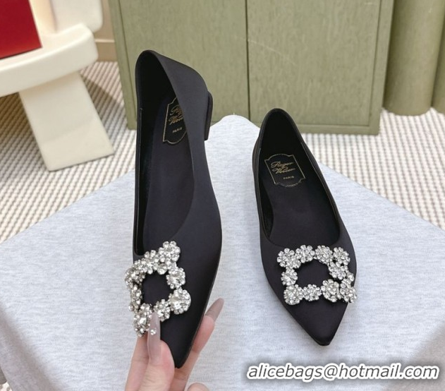 Grade Quality Roger Vivier Efflorescence Jewel Ballerinas Flat in Satin Black 1030104