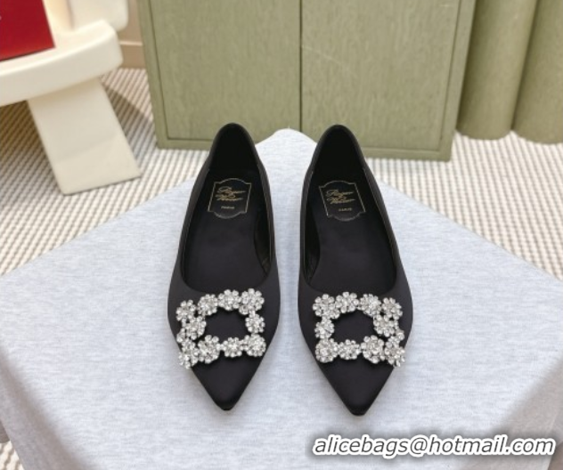 Grade Quality Roger Vivier Efflorescence Jewel Ballerinas Flat in Satin Black 1030104
