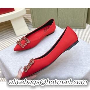 Best Product Roger Vivier Efflorescence Jewel Ballerinas Flat in Satin Red 1030106