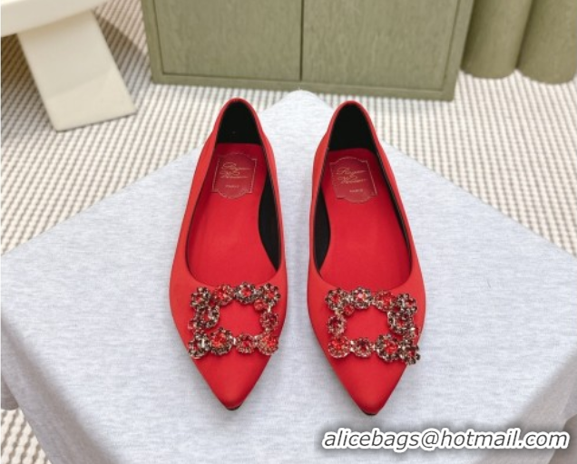 Best Product Roger Vivier Efflorescence Jewel Ballerinas Flat in Satin Red 1030106