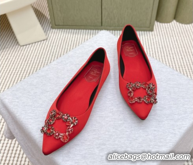 Best Product Roger Vivier Efflorescence Jewel Ballerinas Flat in Satin Red 1030106