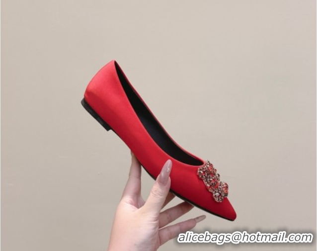 Best Product Roger Vivier Efflorescence Jewel Ballerinas Flat in Satin Red 1030106