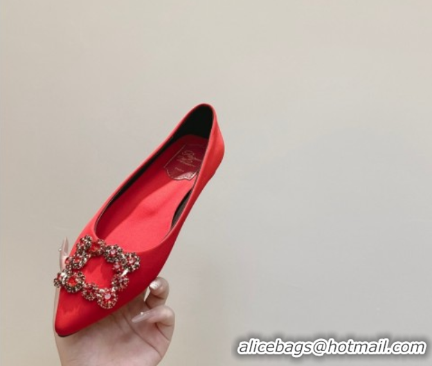 Best Product Roger Vivier Efflorescence Jewel Ballerinas Flat in Satin Red 1030106