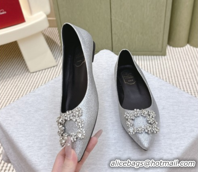 Popular Style Roger Vivier Efflorescence Jewel Ballerinas Flat in Silver Glitter 1030107