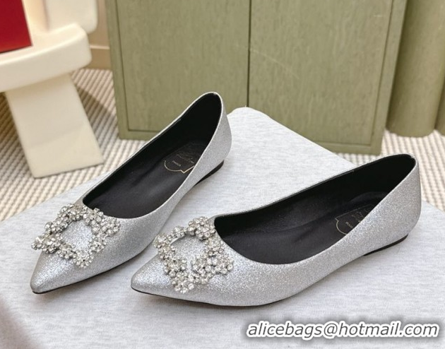 Popular Style Roger Vivier Efflorescence Jewel Ballerinas Flat in Silver Glitter 1030107
