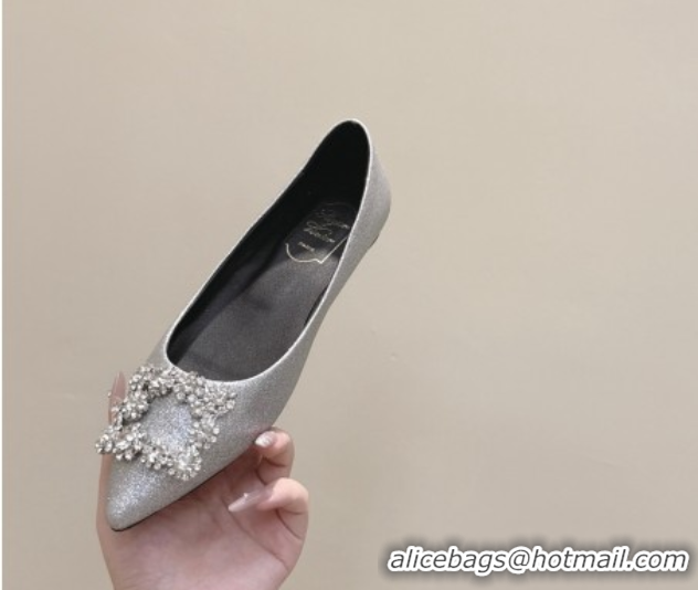 Popular Style Roger Vivier Efflorescence Jewel Ballerinas Flat in Silver Glitter 1030107