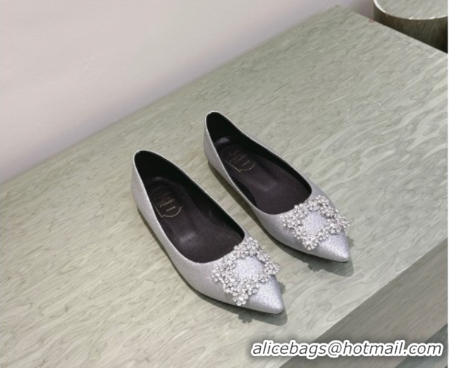 Popular Style Roger Vivier Efflorescence Jewel Ballerinas Flat in Silver Glitter 1030107