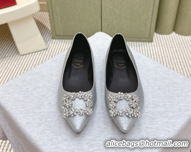 Popular Style Roger Vivier Efflorescence Jewel Ballerinas Flat in Silver Glitter 1030107