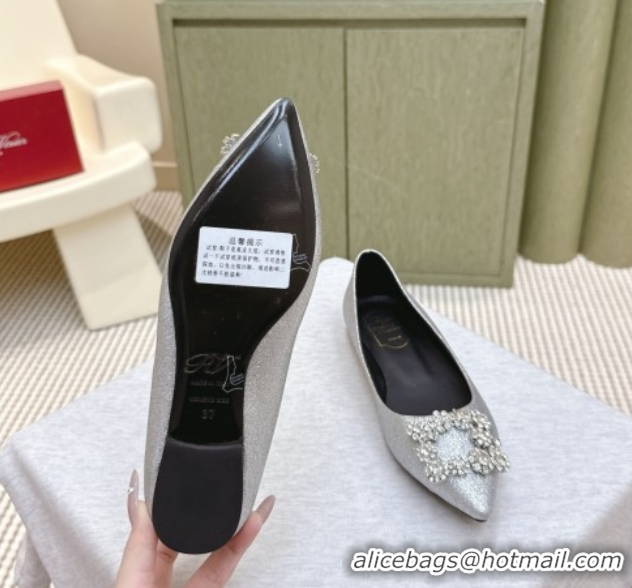 Popular Style Roger Vivier Efflorescence Jewel Ballerinas Flat in Silver Glitter 1030107