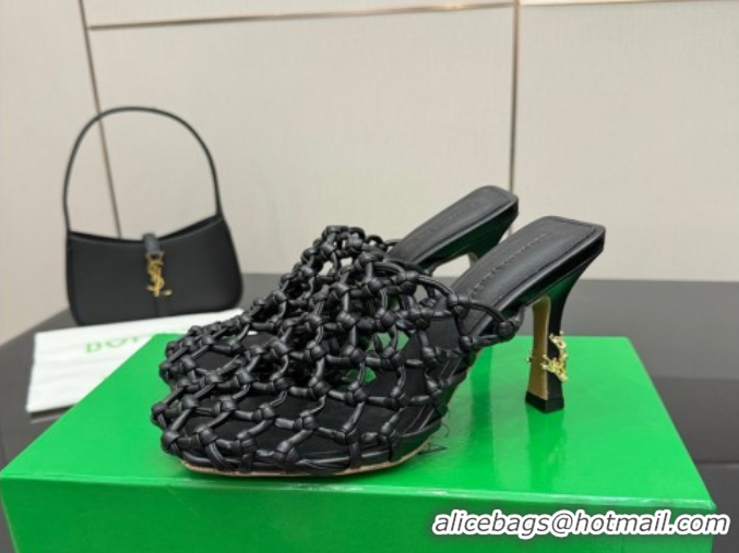 Purchase Bottega Veneta Riva Heel Mules 9cm in Woven Knotted Leather with Frog Charm Black 50823001