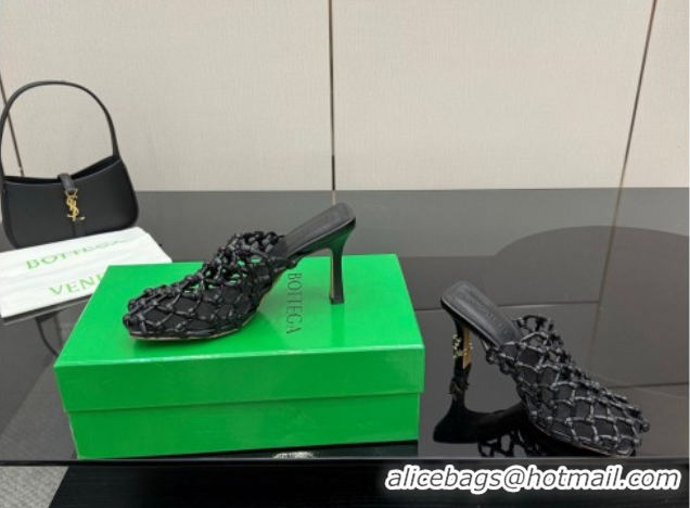 Purchase Bottega Veneta Riva Heel Mules 9cm in Woven Knotted Leather with Frog Charm Black 50823001