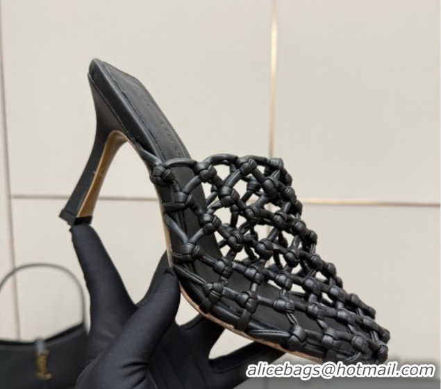 Purchase Bottega Veneta Riva Heel Mules 9cm in Woven Knotted Leather with Frog Charm Black 50823001