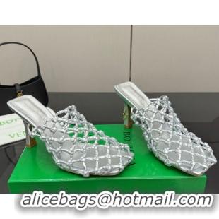 Stylish Bottega Veneta Riva Heel Mules 9cm in Woven Knotted Leather with Frog Charm Silver 50823002