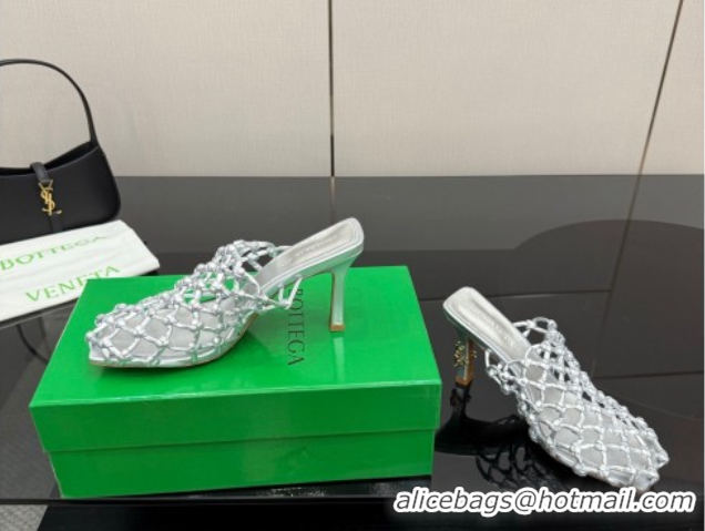 Stylish Bottega Veneta Riva Heel Mules 9cm in Woven Knotted Leather with Frog Charm Silver 50823002