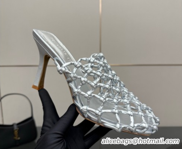 Stylish Bottega Veneta Riva Heel Mules 9cm in Woven Knotted Leather with Frog Charm Silver 50823002