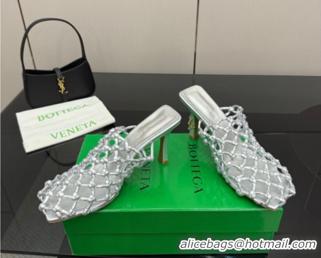 Stylish Bottega Veneta Riva Heel Mules 9cm in Woven Knotted Leather with Frog Charm Silver 50823002