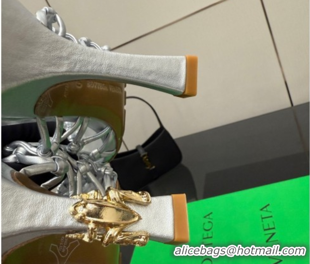 Stylish Bottega Veneta Riva Heel Mules 9cm in Woven Knotted Leather with Frog Charm Silver 50823002