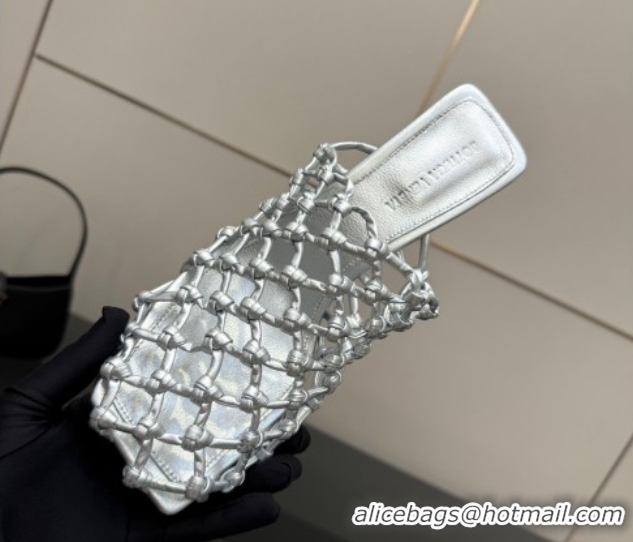 Stylish Bottega Veneta Riva Heel Mules 9cm in Woven Knotted Leather with Frog Charm Silver 50823002