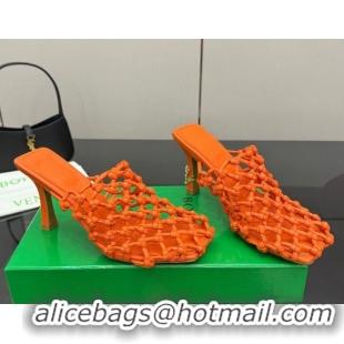 Good Quality Bottega Veneta Riva Heel Mules 9cm in Woven Knotted Leather with Frog Charm Orange 50823003