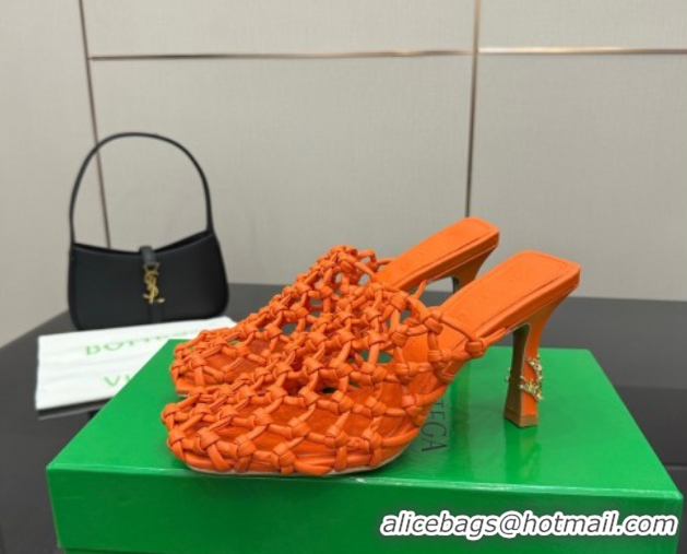 Good Quality Bottega Veneta Riva Heel Mules 9cm in Woven Knotted Leather with Frog Charm Orange 50823003