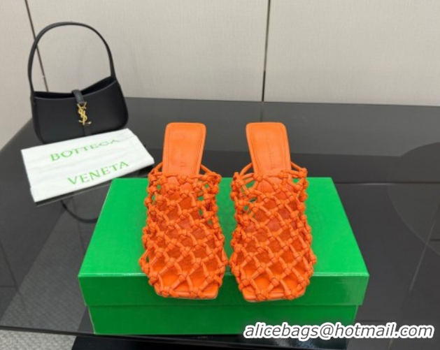 Good Quality Bottega Veneta Riva Heel Mules 9cm in Woven Knotted Leather with Frog Charm Orange 50823003